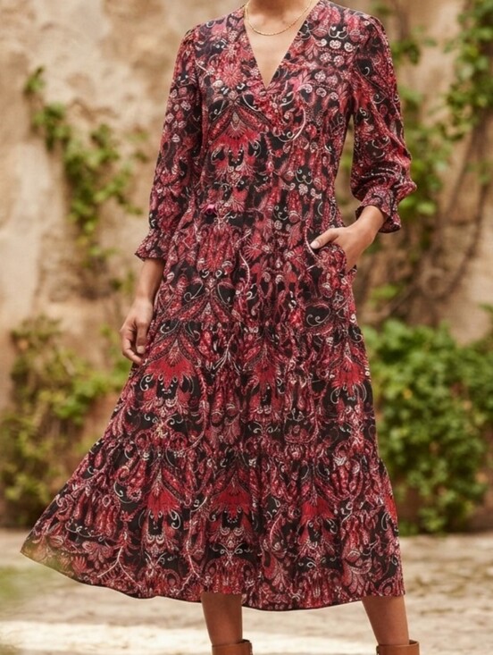 Jude Connally Other - Jude Connally Red & Silver Paisley Amore Dress, 3/4 Sleeves, Small